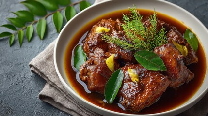 A bowl of succulent, braised meat is presented, showcasing rich flavors and artistic food styling with fresh herbs, ideal for gourmet cuisine enthusiasts