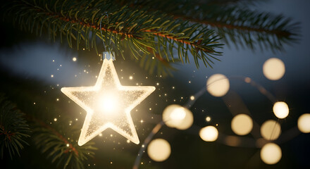 Glowing star ornament hangs from christmas tree branch amidst twinkling lights, creating a festive and magical atmosphere during the holiday season.