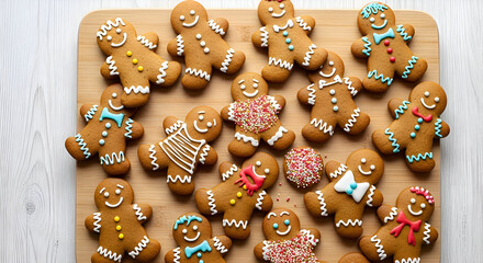 Gingerbread men arranged on wooden cutting board showing festive decorations and icing details, creating a joyful and delicious holiday treat.
