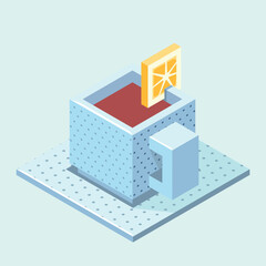 A isometric vector illustration showing a classic cup of tea with a fresh lemon slice. This graphic is perfect for cafe menus, healthy lifestyle blogs, tea brand promotions, or digital mockups related