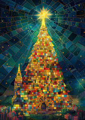 mosaic-style Christmas night scene featuring a glowing Christmas tree made of colorful tiles, surrounded by festive elements and a serene holiday atmosphere. It combines vibrant colors, intricate patt