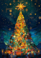 mosaic-style Christmas night scene featuring a glowing Christmas tree made of colorful tiles, surrounded by festive elements and a serene holiday atmosphere. It combines vibrant colors, intricate patt