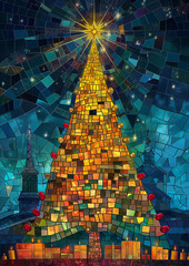 mosaic-style Christmas night scene featuring a glowing Christmas tree made of colorful tiles, surrounded by festive elements and a serene holiday atmosphere. It combines vibrant colors, intricate patt