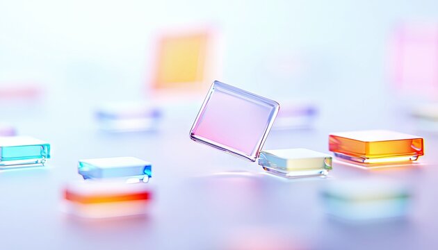 A collection of colorful glass cubes are arranged on a reflective surface, with one cube appearing to float above the others, illuminated by soft, diffused ligh