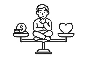 Person balancing money and love on a scale, symbolizing personal values and priorities