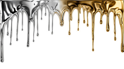 Silver and gold metallic liquid drips flowing down, abstract render