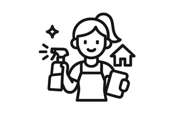 Cleaning service worker holding spray bottle and cloth ready for housekeeping