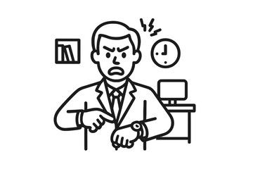 Stressed worker pointing at wrist watch indicating urgency and time pressure