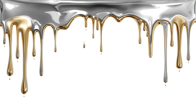 Luxurious flowing molten gold and silver metal drips graphic design