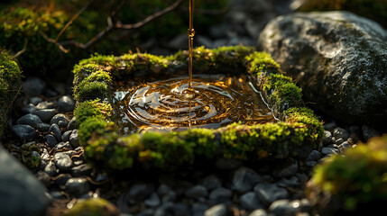 Golden liquid pours into a moss-covered basin, forming ripples.