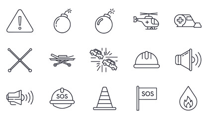 Fototapeta premium Emergency icons depicting various hazards, rescue, and safety measures in a line art style.