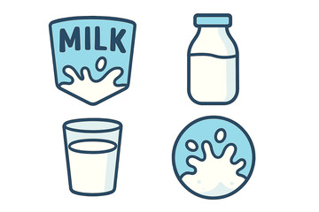 Collection of milk icons featuring bottle, glass, and splashing liquid symbols