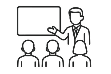 Corporate training seminar with presenter addressing participants next to a whiteboard