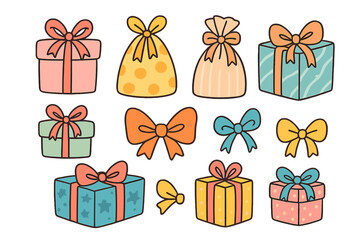 Set of colorful holiday gift boxes, present bags, and decorative bows in cute doodle style