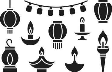 Silhouette Candle and Lantern Icons Set. Lighting, Lamps, Decorative, Festival Vector Illustration