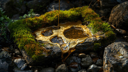 Stream of golden liquid pours onto lush green mossy rock element