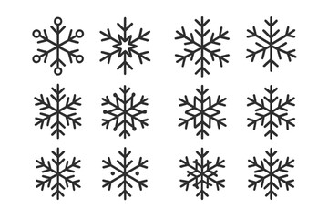 Minimal black line icons of winter snowflakes and frozen crystal shapes