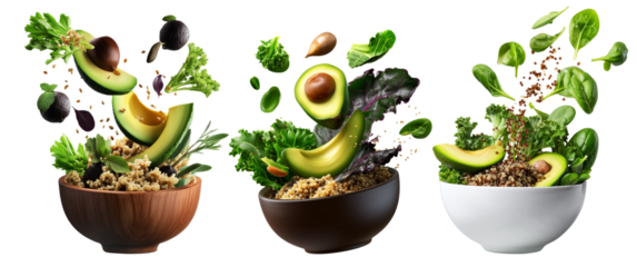 Healthy avocado, leafy greens, quinoa, and seeds burst above a wooden bowl, isolated on white transparent background