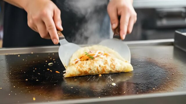 Chef perfectly flipping sizzling omelette on griddle illuminated by kitchen smoke