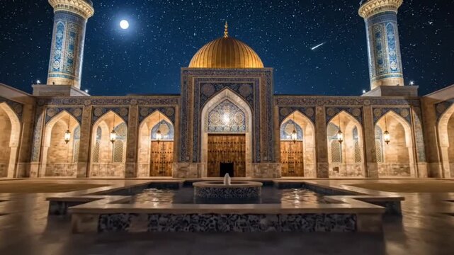 Grand Mosque Illumination Under Starry Night Sky Golden Dome Minarets