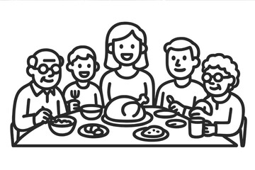 Smiling multi-generational family eating roasted turkey dinner at large dining table