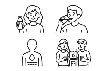 Simple line icons showing people drinking water and body hydration concepts