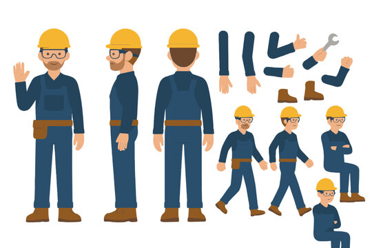 Male construction worker character set featuring multiple poses and separate body parts