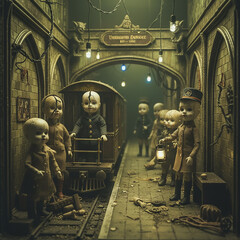 Miniature Subway Station Run by Cracked Porcelain Dolls in a Dark Fairy-Tale Mood