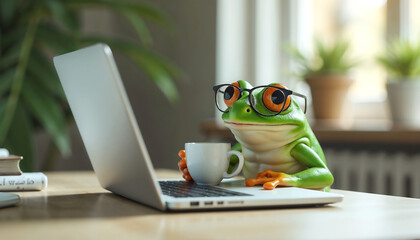 Realistic Green Frog Working at a Laptop in a Modern Office