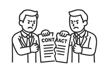 Two angry businessmen tearing a legal contract document symbolizing a broken agreement or termination