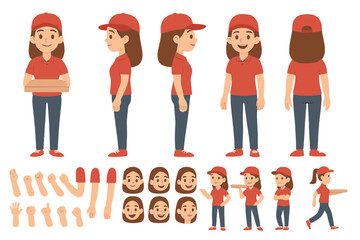 Customizable female delivery worker character kit with various poses and facial expressions