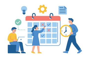 Business team planning project schedule and managing time using a large calendar