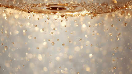 Golden liquid surface with ripples, drops and sparkling bokeh