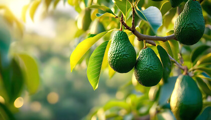 Fresh ripe avocados hanging on a tree branch in a sunny garden. Close up of organic growing fruits on a farm.