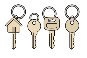 Assortment of keys for home and vehicle security with various keyrings