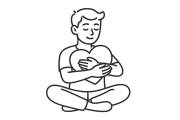 Young man sitting cross-legged embracing heart symbolizing self-love and emotional well-being