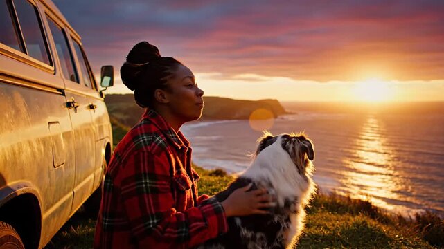 Traveler woman pets dog by ocean at vibrant sunset with camper van on cliffside