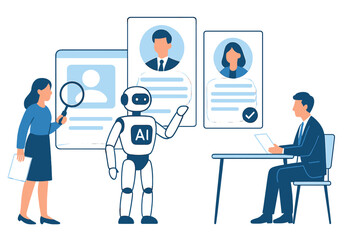 Robot and HR team analyzing candidate profiles for recruitment and hiring decisions