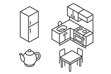 Isometric line art kitchen furniture and appliances set including refrigerator, stove, and sink