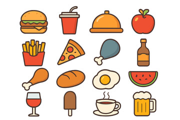 Colorful food and drink icons collection featuring fast food, fresh fruit, desserts, and beverages