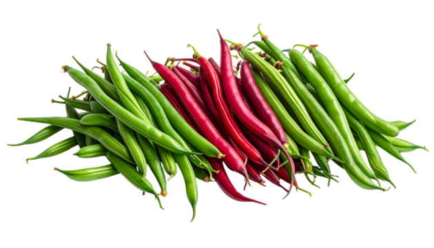 Fresh green and red string beans creating a colorful food ingredient display, showing healthy eating and organic produce isolated on solid white background3