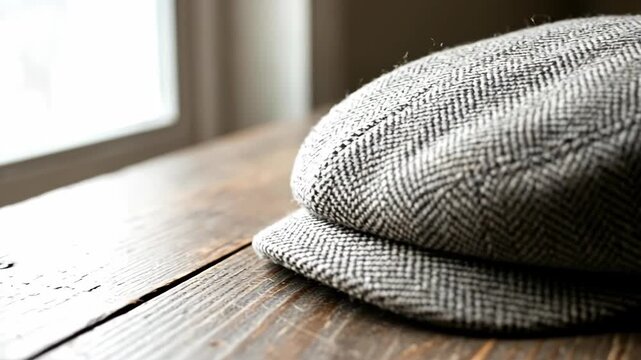 A stylish wool cap resting on a rustic wooden surface.