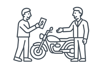Two men completing a financial transaction for a classic motorcycle sale agreement