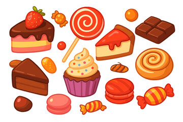 Delicious variety of sweet desserts and confectionery items including cake, cupcake, and chocolate