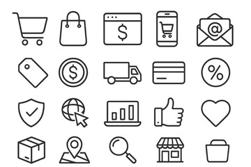 Simple outline symbols representing digital commerce, delivery, and payment methods