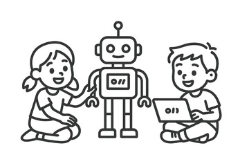 Children learning robotics and programming using a toy robot and laptop computer