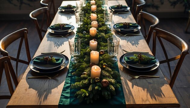 A long table with festive holiday decor is set for a meal, including evergreen and candles