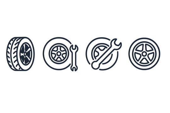 Outline icons for automotive tire and wheel repair service with wrench tool