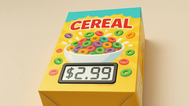cost living groceries concept. Colorful cereal box with a bowl of rings and a price tag.
