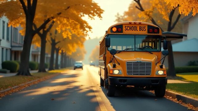 A yellow school bus drives down a busy city street